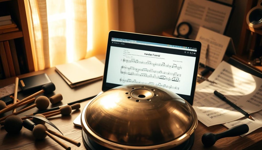 A detailed handpan tutorial video playing on a laptop screen, surrounded by various handpan accessories such as mallets, tuning tools, and sheet music. The scene is lit by warm, natural lighting creating a cozy, educational atmosphere. The handpan itself is prominently displayed, showcasing its intricate design and inviting the viewer to learn more about this unique instrument. The overall composition emphasizes the resources available to those seeking to learn and improve their handpan skills.