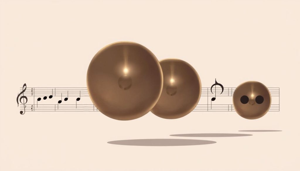 A detailed, high-resolution illustration of handpan musical symbols and notation against a clean, minimalist background. The handpan symbols should be prominently featured in the foreground, appearing as if they are floating or suspended in midair, casting soft shadows. The middle ground should contain a subtle grid or staff-like pattern, hinting at musical notation. The background should be a muted, monochromatic tone, allowing the symbols to stand out clearly. Soft, diffused lighting should create a serene, contemplative atmosphere, emphasizing the elegance and precision of the handpan symbols.