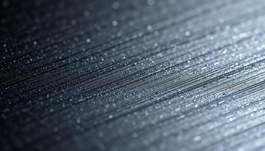 A close-up of a finely textured surface, capturing the intricate patterns and crystalline structure of nitride-treated steel. The material appears rich and layered, with a deep, almost metallic sheen that catches the light at various angles. The image conveys a sense of durability, precision, and a subtle, industrial aesthetic. The lighting is soft and directional, emphasizing the depth and complexity of the material. The angle is slightly elevated, allowing the viewer to appreciate the three-dimensional nature of the surface. Overall, the image aims to evoke the tactile qualities and sonic potential of nitride-treated steel, as part of a broader exploration of musical instrument materials and their influence on tone and playability.