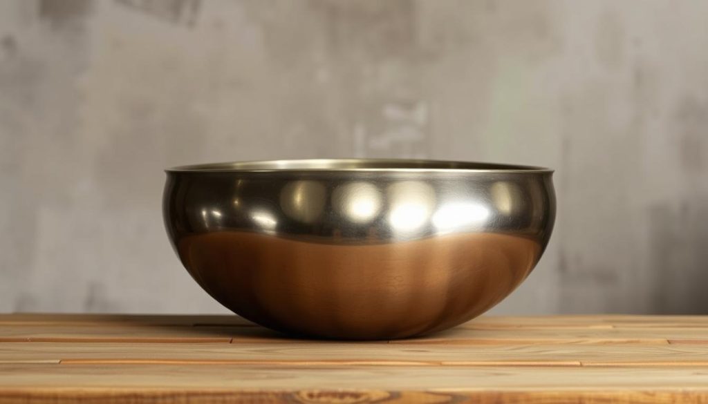 A gleaming, artisanal handpan instrument rests on a wooden surface, its intricate metal tones reflected in the soft, even lighting. The handpan's distinctive curved shape and hammered texture evoke a sense of craftsmanship, hinting at the unique French fabrication process. In the background, a muted, textured backdrop suggests an atmospheric, workshop-like setting, emphasizing the handmade, one-of-a-kind nature of this metal percussion instrument. The overall composition conveys a balance of industrial precision and organic, handcrafted charm, capturing the essence of the "Metal Sounds handpan" and its French origins.