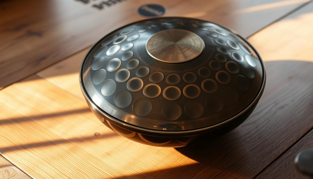 A handpan accordé resting on a wooden surface, illuminated by warm, natural lighting that casts gentle shadows. The instrument's intricate and mesmerizing pattern of divots and ridges reflect the skilled craftsmanship of its Meinl Sonic Energy makers. The handpan's mellow, resonant tones seem to emanate from the image, inviting the viewer to imagine the captivating sounds it could produce. The scene exudes a sense of tranquility and musical potential, capturing the essence of the Meinl Sonic Energy handpan's alluring qualities.
