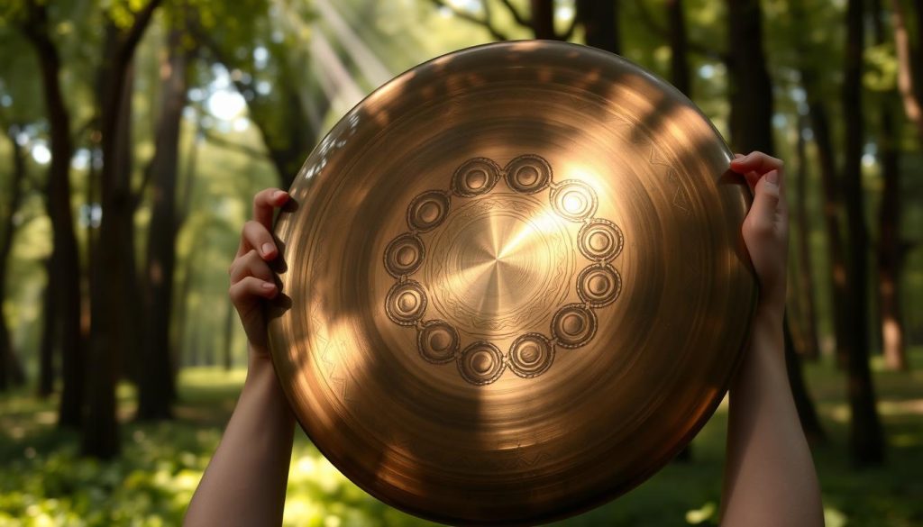 A handpan instrument in a serene, natural setting, with a warm, golden hue reflecting the 432Hz tuning. The handpan is held by the player's hands, showcasing its distinctive shape and intricate patterns. The background features a tranquil forest, with sunbeams filtering through the leaves, creating a calming, meditative atmosphere. The scene conveys the harmony and resonance of the 432Hz tuning, suitable for playing in an ensemble or as a solo performance.