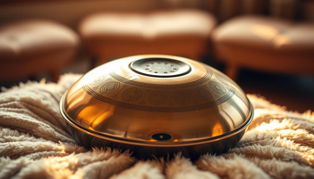 A handpan resting on a soft, plush surface, illuminated by warm, natural lighting. The instrument's metallic body gleams, reflecting the intricate patterns and curves that contribute to its unique, mesmerizing sound. The focus is on the handpan's surface, allowing the viewer to appreciate the craftsmanship and attention to detail that goes into its construction. The background is blurred, creating a sense of depth and emphasizing the handpan's prominence. The overall atmosphere is one of tranquility and artistry, conveying the quality and care that goes into the creation of this musical instrument.