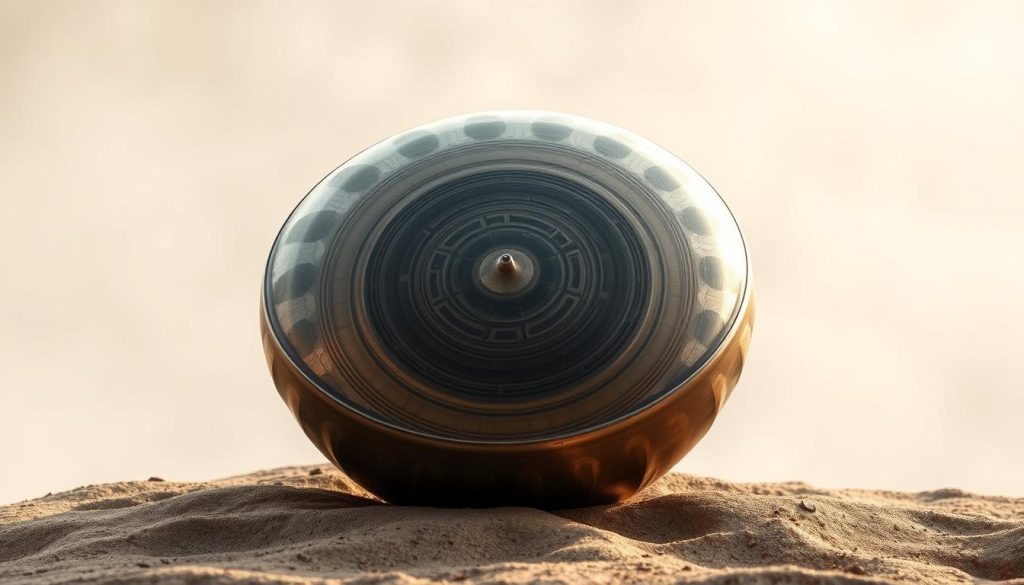 A handsome handpan instrument rests on a serene, earthy surface, its metallic surface glistening in the soft, diffused lighting. The instrument's concentric circles and intricate patterns create a mesmerizing visual texture, inviting the viewer to explore its rich tonal qualities. The background features a muted, hazy gradient, allowing the handpan to take center stage and captivate the viewer's attention. The overall composition conveys a sense of tranquility, highlighting the instrument's role as a meditative, contemplative tool for musical expression.