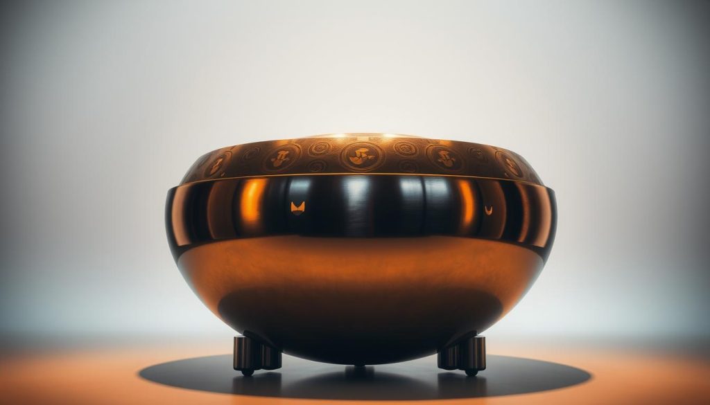 A meticulously crafted handpan, known as the Gammes Spacedrum, stands in the foreground, its intricate surface shimmering under warm, directional lighting. The handpan's gleaming stainless steel body reflects the surrounding environment, creating a sense of depth and atmosphere. In the middle ground, the handpan's distinctive profile is accentuated, showcasing its unique shape and design elements. The background features a minimalist, studio-like setting, allowing the instrument to be the focal point of the composition. The overall mood is one of precision, craftsmanship, and the captivating allure of this French-made metal percussion instrument.