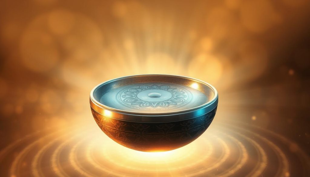 A stunning handpan suspended in a serene sonic energy field, its metallic surface shimmering with intricate patterns and harmonious vibrations. The instrument is bathed in warm, golden light, casting a soft glow upon the surrounding atmospheric waves of energy. The background is hazy and dreamlike, evoking a sense of tranquility and resonance. The composition draws the viewer's focus to the handpan, inviting them to experience the captivating essence of the Sonic Energy gamme.