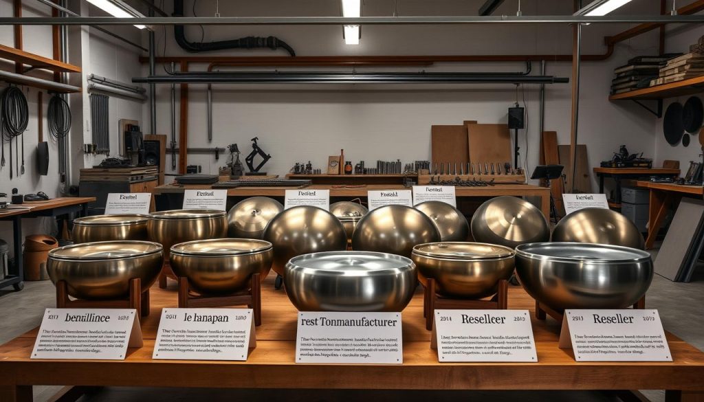 A well-lit studio scene showcasing a comparative display of high-quality handpan drums from various French manufacturers. The foreground features the central handpans, each with a distinct finish and design, arranged in a visually pleasing layout. The middle ground includes explanatory placards detailing the unique craftsmanship and features of each model. The background subtly blends industrial elements like metalworking tools and workshop equipment, creating a cohesive atmosphere of artisanal fabrication. The overall lighting is soft and directional, highlighting the intricate textures and tonal variations of the handpans. The composition emphasizes the nuanced differences between direct-from-manufacturer and reseller options, inviting the viewer to appreciate the French handpan market's diversity and craftsmanship.