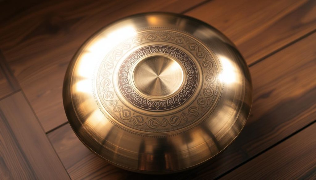Modèle Évolution 9, a handcrafted French metal handpan, rests on a wooden surface. The instrument features a smooth, gleaming surface with intricate, concentric patterns etched into the metal, reflecting warm lighting. The handpan's distinct, resonant tones emanate from its carefully tuned harmonic overtones, inviting the viewer to imagine the soothing, meditative sounds it produces. The composition showcases the handpan's elegant design and craftsmanship, highlighting its appeal as a premium musical instrument for discerning musicians and sound enthusiasts.