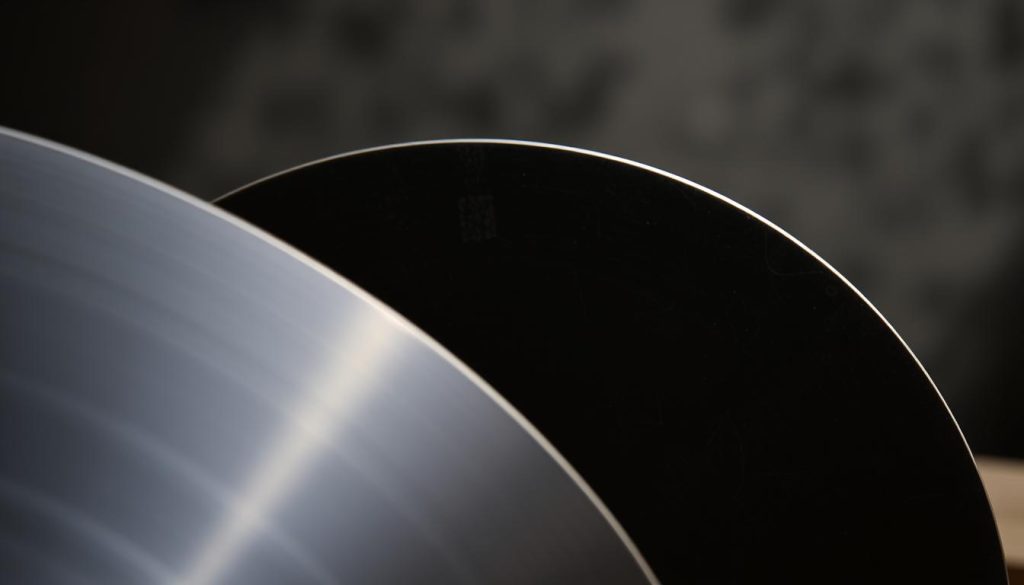 A detailed close-up view of two types of metallic materials used in handpan drum construction. In the foreground, a lustrous stainless steel sheet with a smooth, sleek surface texture. In the middle ground, a darkened nitride-treated steel plate with a mottled, patterned appearance. Dramatic side lighting creates strong shadows and highlights the unique characteristics of each material. The background is hazy and indistinct, allowing the viewer to focus on the contrasting metal samples. The overall mood is one of technical precision and artisanal craftsmanship, reflecting the care and expertise required to fabricate high-quality handpan instruments.