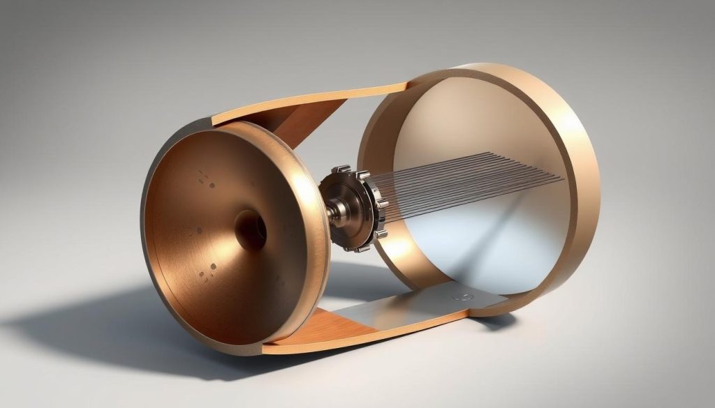 A detailed, cross-sectional illustration of a Helmholtz resonator instrument, showcasing its internal structure and mechanism. The foreground depicts the resonating chamber, with its distinctive spherical shape and intricate sound holes. The middle ground highlights the membrane and tension adjustment system, allowing for precise tuning. The background reveals the outer casing, crafted with a sleek, minimalist design that complements the instrument's organic form. The lighting is soft and diffused, creating a contemplative atmosphere that invites the viewer to appreciate the engineering principles and acoustic properties of this musical device. Rendered with high precision and technical accuracy, the image aims to facilitate a deeper understanding of the Helmholtz resonator and its role in the production of the handpan's distinctive sound. A detailed, cross-sectional illustration of a Helmholtz resonator instrument, showcasing its internal structure and mechanism. The foreground depicts the resonating chamber, with its distinctive spherical shape and intricate sound holes. The middle ground highlights the membrane and tension adjustment system, allowing for precise tuning. The background reveals the outer casing, crafted with a sleek, minimalist design that complements the instrument's organic form. The lighting is soft and diffused, creating a contemplative atmosphere that invites the viewer to appreciate the engineering principles and acoustic properties of this musical device. Rendered with high precision and technical accuracy, the image aims to facilitate a deeper understanding of the Helmholtz resonator and its role in the production of the handpan's distinctive sound.