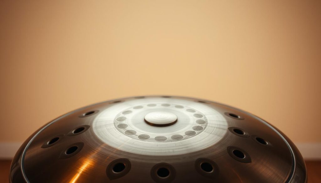 A detailed, high-quality image of a Lumen handpan drum, captured in a warm, natural lighting setup. The handpan is positioned in the foreground, showcasing its distinctive circular shape and intricate pattern of tone holes. The middle ground features a clean, minimalist background, allowing the handpan to be the focal point. Subtle reflections on the handpan's surface create a sense of depth and materiality. The composition is balanced, with the handpan occupying a central position and filling a significant portion of the frame. The overall mood is serene, highlighting the contemplative and meditative nature of the handpan instrument.