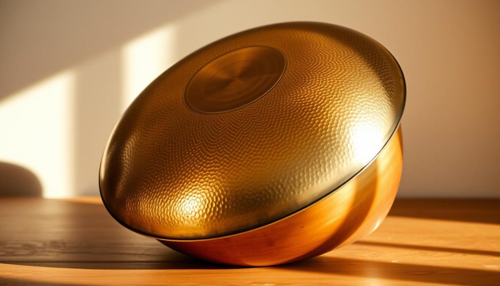 A finely crafted handpan instrument rests on a wooden surface, its shimmering golden finish catching the soft, warm light. The intricate, hammered patterns on the handpan's surface create a hypnotic visual texture, inviting the viewer to explore its unique and captivating design. The handpan is set against a serene, neutral background, allowing the instrument to be the focal point, showcasing the exceptional craftsmanship of the Italian Battiloro brand. The lighting casts gentle shadows, accentuating the depth and curvature of the handpan, and creating a sense of depth and dimensionality. The overall mood is one of tranquility, artistry, and the appreciation of a meticulously made musical instrument.