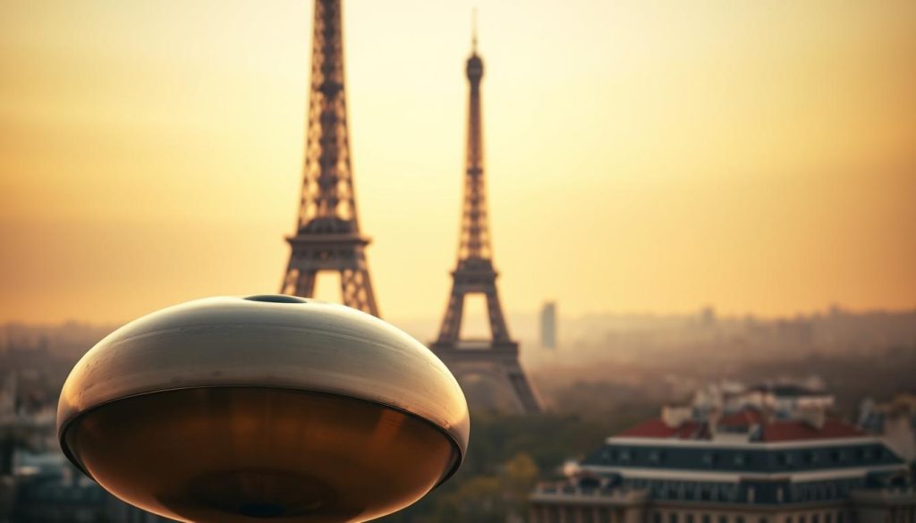 A handpan floating in mid-air against a backdrop of the iconic Eiffel Tower in Paris, France. The handpan is positioned in the foreground, its smooth metallic surface reflecting the warm, golden light of the Parisian sunset. The middle ground features the majestic silhouette of the Eiffel Tower, its latticed structure standing tall and proud. In the background, a hazy, impressionistic cityscape blends with the warm, dusky sky, creating a sense of tranquility and contemplation. The scene is captured with a soft, cinematic lens, evoking a sense of artistry and refinement, befitting the subject of reliable alternatives to low-cost handpan models.
