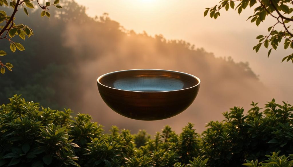 A high-quality handpan floating amidst a serene natural landscape, its metallic surface reflecting the warm golden light of the setting sun. The handpan is the central focus, surrounded by lush, verdant foliage and a tranquil, misty background. The composition emphasizes the balance between the handpan's intricate craftsmanship and the calming, organic environment, conveying a sense of harmony and the value proposition of "prix rapport qualité" - a high-quality product at a fair price.