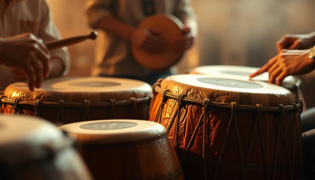 A meticulously crafted tongue drum ensemble, bathed in warm, diffused lighting and captured with a shallow depth of field. In the foreground, the textured, resonant surfaces of the drums invite tactile exploration, their varied shapes and sizes hinting at the rich, resonant tones they produce. In the middle ground, the drummers' hands delicately strike the instruments, coaxing out a mesmerizing, soothing soundscape. The background fades into soft, atmospheric hues, creating a sense of tranquility and introspection, reflecting the meditative, calming nature of the tongue drum's sonorous vibrations.