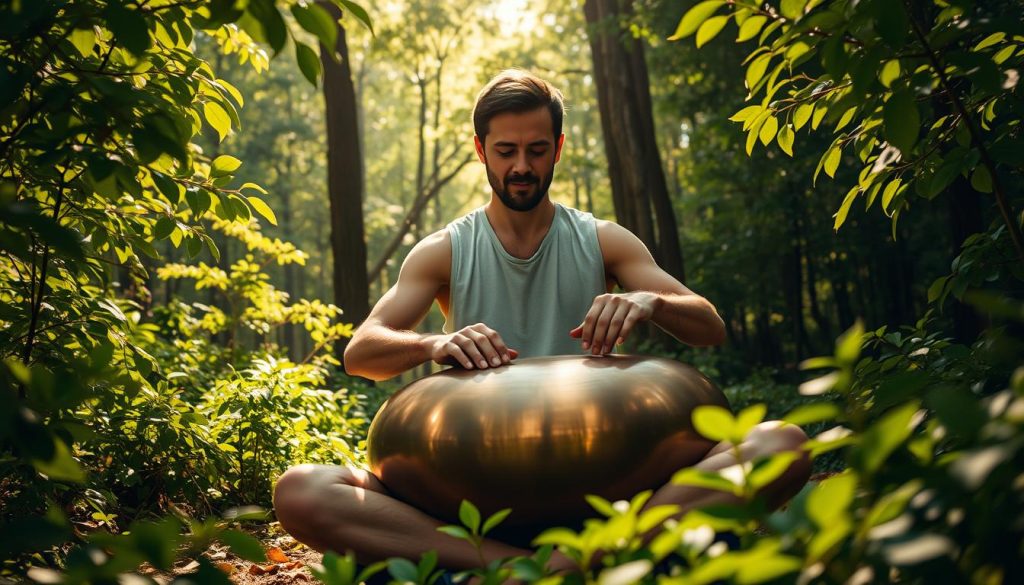 A serene and immersive handpan session in a sun-dappled forest glade. A musician sits cross-legged, hands tenderly caressing the handpan's warm, bronze surface, coaxing out captivating melodies. Lush, verdant foliage frames the scene, dappled with soft, golden light filtering through the canopy. The player's expression is one of deep concentration and peaceful tranquility, embodying the meditative essence of the handpan's entrancing sound. The composition is balanced, with the player as the focal point, surrounded by the natural, calming environment. The overall atmosphere evokes a sense of mindful, intuitive exploration and discovery through the handpan's enchanting tones.