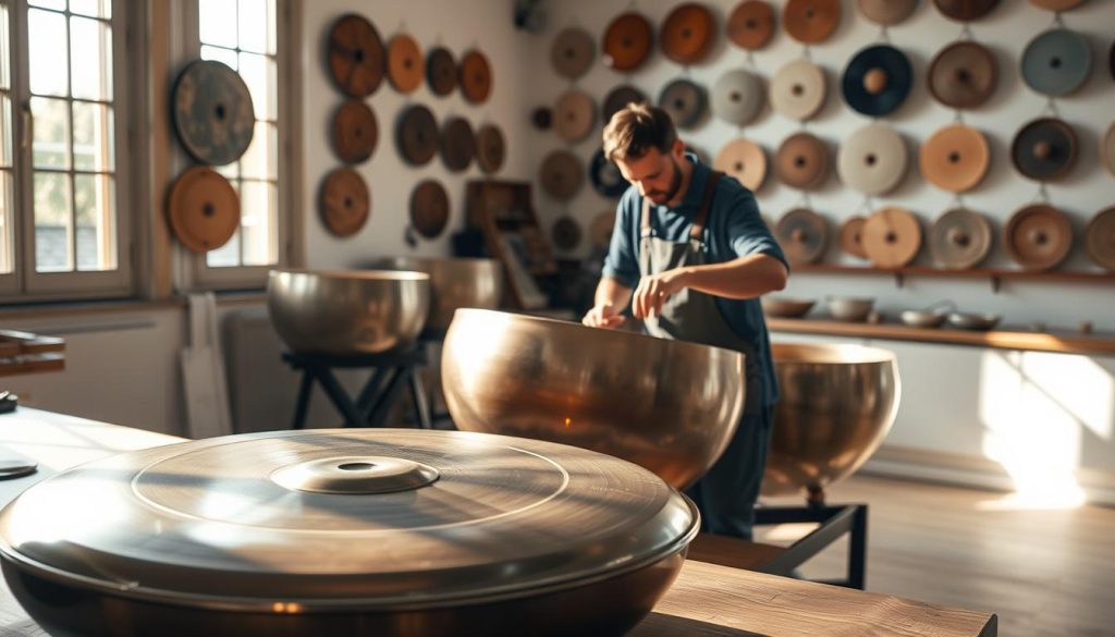 A serene studio in the heart of France, sunlight streaming through large windows, illuminating a diverse collection of handpans. In the foreground, a handpan with a sleek, modern design rests on a wooden table, its intricate patterns catching the light. In the middle ground, a skilled artisan meticulously adjusts the tuning of a handpan, their focused expression reflecting the care and attention they bring to their craft. The background reveals a wall adorned with various handpan models, each with its own unique shape and tonality, showcasing the rich diversity of this enchanting instrument. The atmosphere is one of harmony, creativity, and a deep appreciation for the handpan's captivating sound. A serene studio in the heart of France, sunlight streaming through large windows, illuminating a diverse collection of handpans. In the foreground, a handpan with a sleek, modern design rests on a wooden table, its intricate patterns catching the light. In the middle ground, a skilled artisan meticulously adjusts the tuning of a handpan, their focused expression reflecting the care and attention they bring to their craft. The background reveals a wall adorned with various handpan models, each with its own unique shape and tonality, showcasing the rich diversity of this enchanting instrument. The atmosphere is one of harmony, creativity, and a deep appreciation for the handpan's captivating sound.