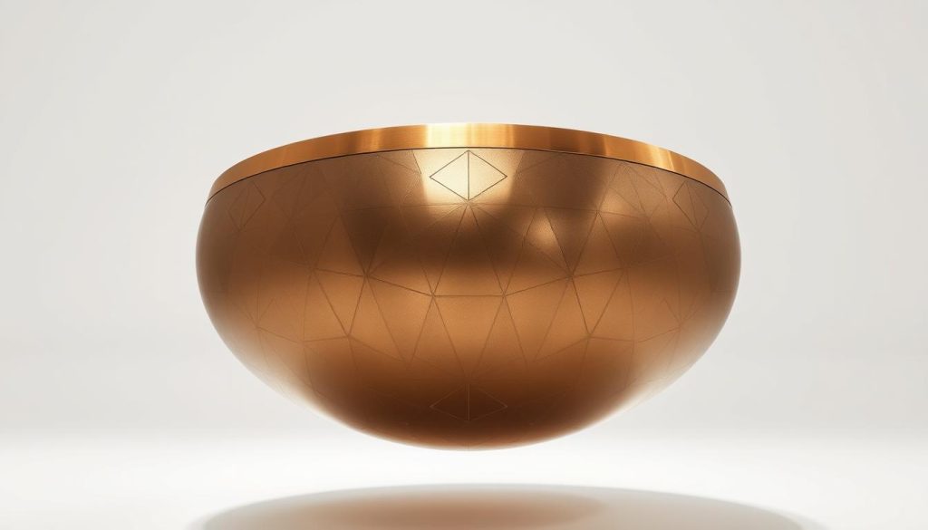 A sleek, modern electronic handpan floating in a pristine white studio setting, illuminated by soft, directional lighting. The handpan's metallic surface reflects a warm, golden hue, highlighting its intricate geometric patterns and premium craftsmanship. The instrument appears sturdy and durable, conveying a sense of reliability and longevity. In the background, a minimalist backdrop emphasizes the handpan's elegant design, showcasing its potential as a professional-grade musical instrument suitable for a variety of musical genres and applications.