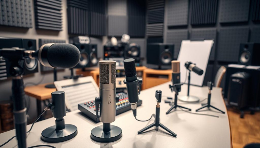A well-lit studio setting with a professional audio setup. In the foreground, a collection of high-quality studio microphones, including both dynamic and condenser types, arranged on a sleek, modern desk. The microphones are positioned with care, angled slightly to capture the optimal sound quality. The middle ground features a state-of-the-art audio interface, with its various knobs and input/output connections clearly visible. In the background, a mix of acoustic treatment panels and recording equipment, creating a visually appealing and technically accurate scene. The lighting is soft and diffused, accentuating the textures and materials of the setup. The overall atmosphere conveys a sense of precision, attention to detail, and a dedication to capturing high-fidelity audio.