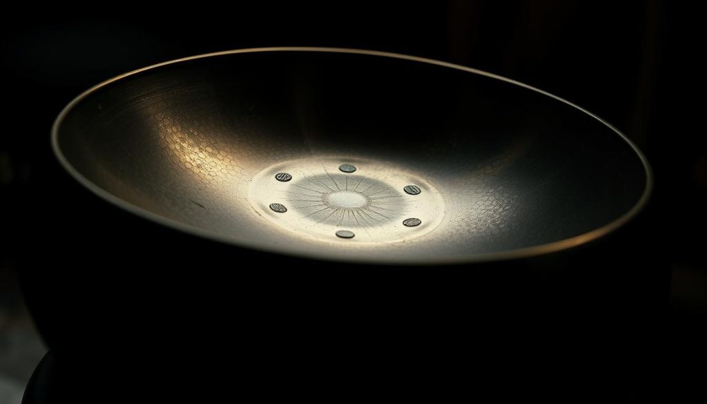 Detailed close-up of a handpan instrument, meticulously rendered with a moody, atmospheric lighting. The handpan's distinctive curved shell is shown in profile, highlighting its intricate hammered pattern and muted tone. Emphasis is placed on the center of the instrument, where the player's hands would rest, conveying a sense of the tactile experience of playing. The background is softly blurred, drawing the viewer's attention to the handpan's captivating design and the alluring "gamme mineure Kurd" sound it is capable of producing.