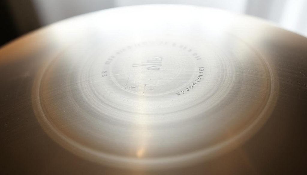 Prompt A close-up view of a handpan, its metallic surface gleaming under soft, diffused lighting. The intricate patterns and gentle curvatures of the instrument create a tactile, inviting experience. The focus is on the subtle textures and the interplay of light and shadow, evoking a sense of sonic quality and a deep, resonant timbre. The background is blurred, drawing the viewer's attention to the sensorial qualities of the handpan, capturing the essence of its musical expression and the authentic, flexible nature of its performance.