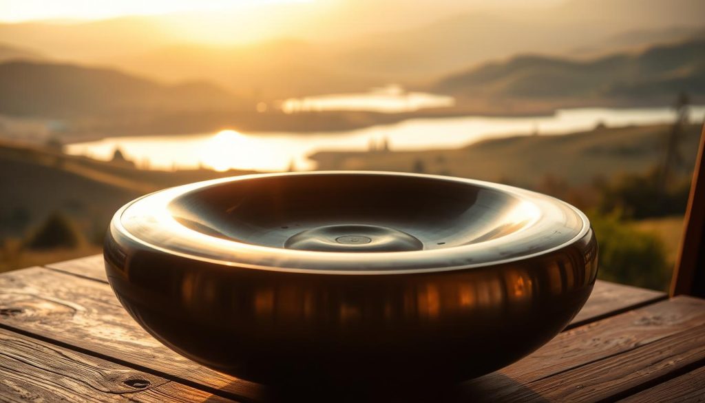 A beautifully crafted handpan, its metallic surface gleaming under soft, warm lighting. The instrument rests on a wooden table, inviting the viewer to reach out and gently caress its smooth curves. In the background, a serene landscape unfolds, with rolling hills and a tranquil pond reflecting the golden hues of the setting sun. The atmosphere is one of calm contemplation, perfectly suited for a meditative session with this versatile percussion instrument. A beautifully crafted handpan, its metallic surface gleaming under soft, warm lighting. The instrument rests on a wooden table, inviting the viewer to reach out and gently caress its smooth curves. In the background, a serene landscape unfolds, with rolling hills and a tranquil pond reflecting the golden hues of the setting sun. The atmosphere is one of calm contemplation, perfectly suited for a meditative session with this versatile percussion instrument.