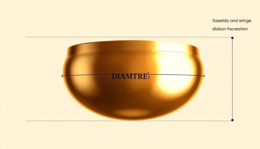 A detailed, high-resolution diagram of a handpan, showcasing its distinct diamètre (diameter). The handpan is centered in the frame, its shimmering metal shell reflecting the warm lighting. The image provides a clear visual reference for the size and shape of the instrument, with a focus on the precisely measured diamètre that is crucial for proper fit and protection. The background is a clean, neutral tone, allowing the handpan's intricate design and proportions to be the central focus. Technical precision and visual clarity are the primary goals, creating an informative and visually appealing illustration for the article.