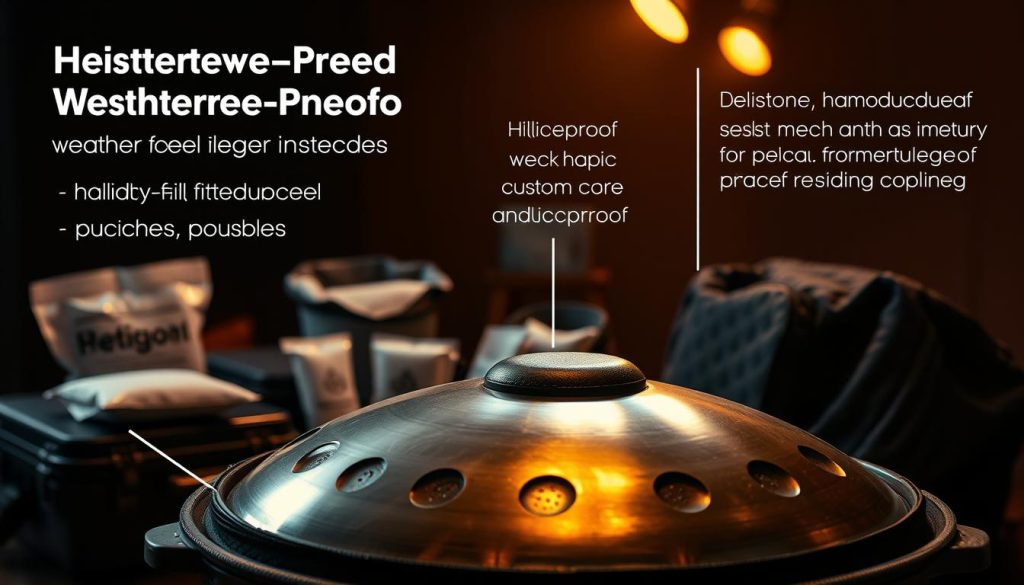 A detailed, high-resolution image of a handpan instrument surrounded by moisture-proof technologies. In the foreground, a handpan sits atop a weatherproof protective case, showcasing its water-resistant seals and gaskets. In the middle ground, various humidity-shielding accessories are displayed, such as silica gel pouches and custom-fitted covers. The background features a dimly lit, moody studio setting, emphasizing the importance of safeguarding delicate musical instruments. Warm, diffused lighting illuminates the scene, capturing the technical details and the handpan's sleek, metallic finish. The overall atmosphere conveys the importance of humidity control and weatherproofing for preserving the integrity and longevity of handpan instruments.