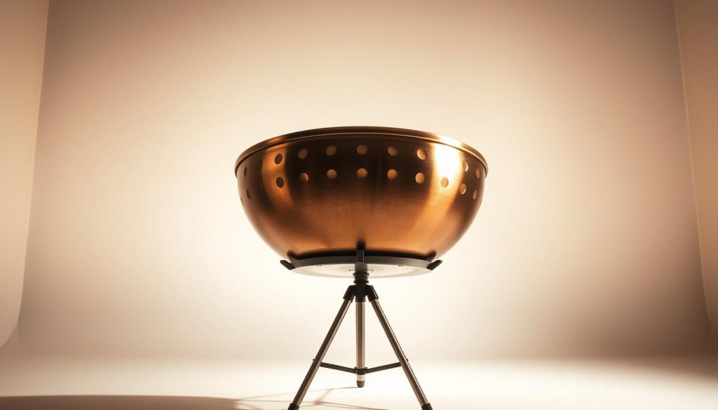 A handpan resting on a sturdy metal stand, bathed in warm, directional lighting that casts soft shadows and highlights the instrument's captivating curves. In the middle ground, a high-quality spand or tripod securely holds the handpan, allowing for precise angle adjustments. The background is a serene, minimalist studio setting, with clean white walls and subtle textures that focus the viewer's attention on the handpan's elegant form and mesmerizing sound. The overall composition conveys a sense of support, stability, and the care needed to properly set up and showcase this remarkable musical instrument.