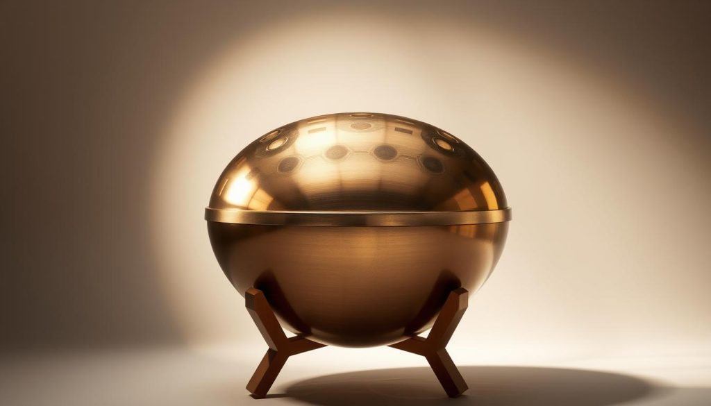 A meticulously crafted handpan arrangement, captured in a high-resolution, professional studio setting. The handpan, a gleaming bronze instrument, sits atop a simple yet elegant wooden stand, illuminated by soft, diffused lighting that accentuates its intricate details. The background is a neutral, minimalist backdrop, allowing the handpan to be the central focus. The composition is balanced and visually appealing, showcasing the beauty and craftsmanship of this unique musical instrument. The overall mood is one of refined elegance and attention to detail, reflecting the care and precision required to protect such a special item.