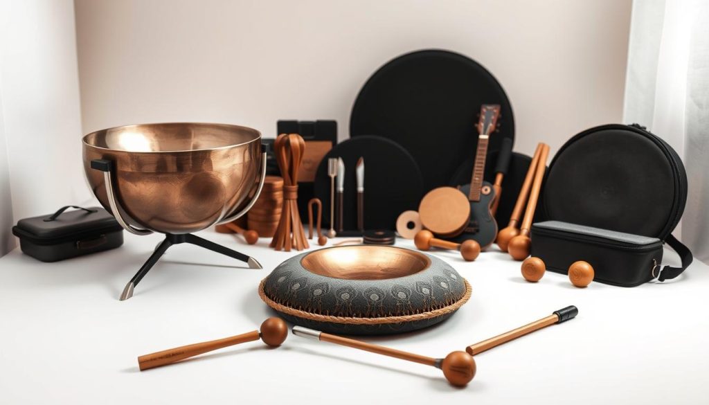 A meticulously crafted still life capturing an assortment of handpan accessories. In the foreground, a handpan stand and a spand (handpan cushion) are displayed with precision, their sleek, modern designs complementing the handpan's organic shape. In the middle ground, various handpan accessories such as mallets, tuning tools, and protective cases are arranged with care, showcasing the breadth of options available to the discerning handpan enthusiast. The background features a softly lit, minimalist setting, allowing the accessories to take center stage and highlighting their premium quality and craftsmanship. The overall composition exudes a sense of sophistication, attention to detail, and a dedication to the handpan experience.