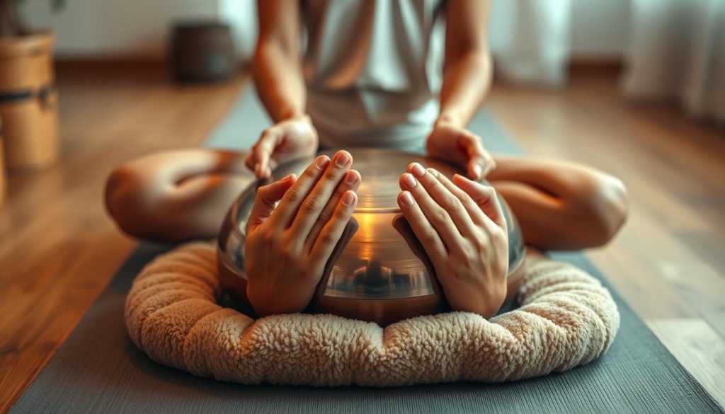 A serene and meditative scene of a handpan nestled amidst a tranquil yoga practice. The handpan rests on a soft, plush yoga mat, its metallic surface glistening under warm, diffused lighting. In the foreground, a yogi's hands delicately cradle the instrument, their fingers poised to coax out its soothing tones. Behind them, the background blurs into a calming, neutral palette, allowing the handpan to be the focal point. The overall atmosphere evokes a sense of deep focus, inner peace, and a harmonious integration of music and movement. A serene and meditative scene of a handpan nestled amidst a tranquil yoga practice. The handpan rests on a soft, plush yoga mat, its metallic surface glistening under warm, diffused lighting. In the foreground, a yogi's hands delicately cradle the instrument, their fingers poised to coax out its soothing tones. Behind them, the background blurs into a calming, neutral palette, allowing the handpan to be the focal point. The overall atmosphere evokes a sense of deep focus, inner peace, and a harmonious integration of music and movement.