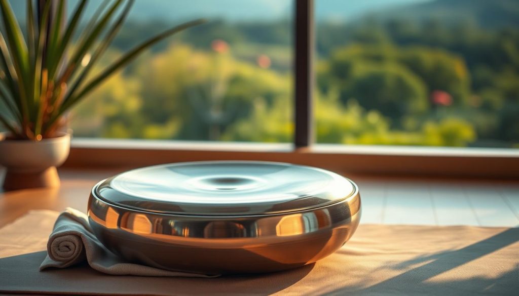 A serene and tranquil handpan rests on a soft yoga mat, surrounded by a calming atmosphere. The metallic instrument reflects warm, diffused lighting, casting gentle shadows. In the background, lush greenery and a soft, blurred landscape set the scene for a peaceful, meditative ambiance. The handpan's distinctive shape and soothing tones evoke a sense of mindfulness and inner harmony, perfectly complementing the practice of yoga. The overall composition conveys a harmonious balance between the handpan, the natural environment, and the contemplative atmosphere. A serene and tranquil handpan rests on a soft yoga mat, surrounded by a calming atmosphere. The metallic instrument reflects warm, diffused lighting, casting gentle shadows. In the background, lush greenery and a soft, blurred landscape set the scene for a peaceful, meditative ambiance. The handpan's distinctive shape and soothing tones evoke a sense of mindfulness and inner harmony, perfectly complementing the practice of yoga. The overall composition conveys a harmonious balance between the handpan, the natural environment, and the contemplative atmosphere.