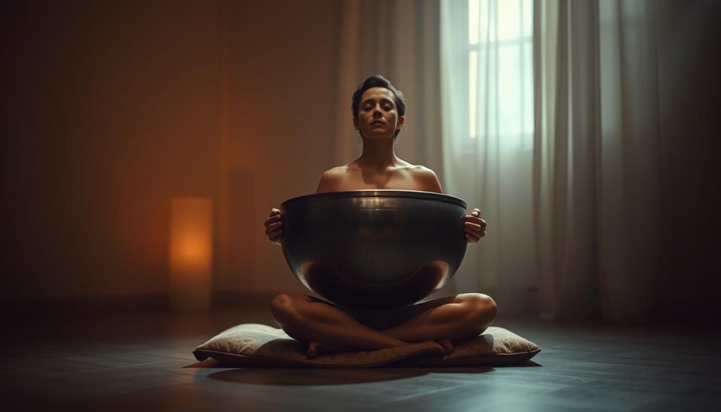A serene, dimly lit room with a handpan in the center, surrounded by a gentle halo of warm light. The handpan rests on a plush, earthy-toned cushion, inviting the viewer to settle in and become immersed in its soothing, resonant tones. In the foreground, a meditative yogi sits cross-legged, eyes closed, fully absorbed in the "bain sonore" or sound bath experience. The background is softly blurred, creating a sense of peaceful isolation, allowing the viewer to focus solely on the intimate, therapeutic interplay between the instrument and the practitioner. The overall mood is one of deep tranquility, introspection, and a profound connection to the present moment. A serene, dimly lit room with a handpan in the center, surrounded by a gentle halo of warm light. The handpan rests on a plush, earthy-toned cushion, inviting the viewer to settle in and become immersed in its soothing, resonant tones. In the foreground, a meditative yogi sits cross-legged, eyes closed, fully absorbed in the "bain sonore" or sound bath experience. The background is softly blurred, creating a sense of peaceful isolation, allowing the viewer to focus solely on the intimate, therapeutic interplay between the instrument and the practitioner. The overall mood is one of deep tranquility, introspection, and a profound connection to the present moment.