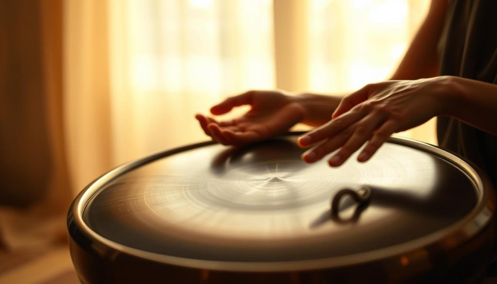 A serene, ethereal scene of a skilled handpan player performing intricate techniques against a softly blurred background. The handpan is held in a relaxed, meditative grip as nimble fingers dance across the instrument's circular surface, coaxing out a soothing, resonant melody. Warm, diffused lighting caresses the player's face, creating a sense of tranquility and focus. The composition is framed from a low angle, emphasizing the graceful movements and the handpan's mesmerizing, glowing surface. An atmosphere of deep concentration and mindful exploration permeates the image, inviting the viewer to immerse themselves in the restorative power of the handpan's sonorous tones. A serene, ethereal scene of a skilled handpan player performing intricate techniques against a softly blurred background. The handpan is held in a relaxed, meditative grip as nimble fingers dance across the instrument's circular surface, coaxing out a soothing, resonant melody. Warm, diffused lighting caresses the player's face, creating a sense of tranquility and focus. The composition is framed from a low angle, emphasizing the graceful movements and the handpan's mesmerizing, glowing surface. An atmosphere of deep concentration and mindful exploration permeates the image, inviting the viewer to immerse themselves in the restorative power of the handpan's sonorous tones.