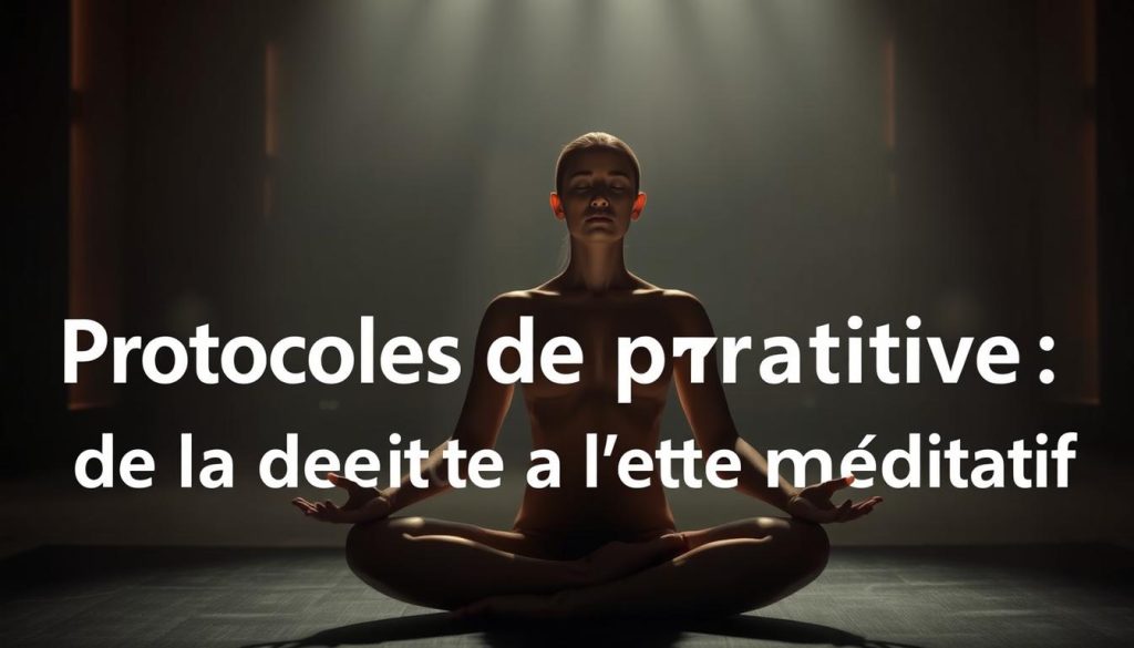 A serene figure seated in a lotus position, their face and body radiating a sense of profound relaxation. The background is a tranquil, dimly lit meditation space, with soft, warm lighting filtering in from unseen sources. The figure's features are softened, their expression calm and their gaze inward, conveying a state of deep contemplation. The atmosphere is one of quietude and introspection, with a hushed, almost reverential quality. The image evokes a sense of stillness and inner peace, mirroring the title "Protocoles de pratique : de la détente à l'état méditatif". A serene figure seated in a lotus position, their face and body radiating a sense of profound relaxation. The background is a tranquil, dimly lit meditation space, with soft, warm lighting filtering in from unseen sources. The figure's features are softened, their expression calm and their gaze inward, conveying a state of deep contemplation. The atmosphere is one of quietude and introspection, with a hushed, almost reverential quality. The image evokes a sense of stillness and inner peace, mirroring the title "Protocoles de pratique : de la détente à l'état méditatif".