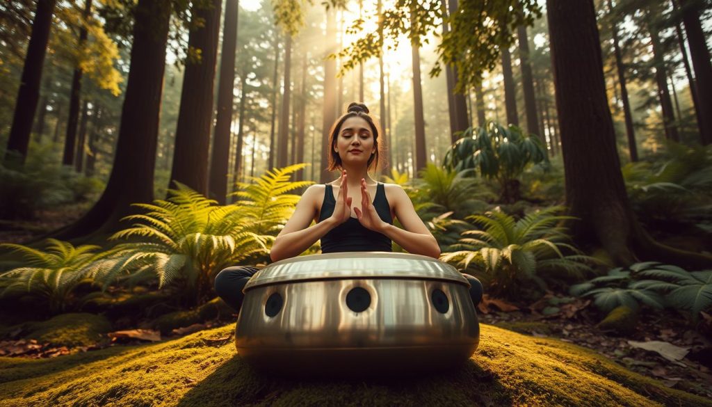 A serene handpan musician sits cross-legged on a mossy forest floor, surrounded by lush ferns and towering trees. Warm, diffused sunlight filters through the canopy, creating a peaceful, meditative atmosphere. The handpan's metallic tones resonate gently, the player's hands moving with graceful, focused intent. The camera angle is slightly elevated, capturing the handpan's intricate details and the player's tranquil expression. The overall composition conveys a sense of harmony, calm, and immersion in the soothing, healing power of handpan music. A serene handpan musician sits cross-legged on a mossy forest floor, surrounded by lush ferns and towering trees. Warm, diffused sunlight filters through the canopy, creating a peaceful, meditative atmosphere. The handpan's metallic tones resonate gently, the player's hands moving with graceful, focused intent. The camera angle is slightly elevated, capturing the handpan's intricate details and the player's tranquil expression. The overall composition conveys a sense of harmony, calm, and immersion in the soothing, healing power of handpan music.