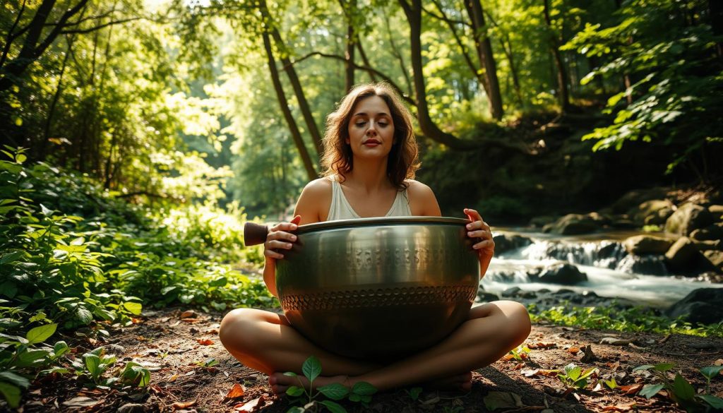 A serene handpan player sits cross-legged on a sun-dappled forest floor, surrounded by lush greenery. Soft, warm light filters through the canopy, casting a soothing glow on the musician's face as they coax out a gentle, resonant melody. The handpan's metallic surface gleams, its intricate pattern of indentations capturing the interplay of light and shadow. In the distance, a flowing stream adds a tranquil, ambient backdrop to the mesmerizing performance. The overall atmosphere evokes a sense of deep relaxation and mindfulness, perfectly suited for an article on soothing handpan music. A serene handpan player sits cross-legged on a sun-dappled forest floor, surrounded by lush greenery. Soft, warm light filters through the canopy, casting a soothing glow on the musician's face as they coax out a gentle, resonant melody. The handpan's metallic surface gleams, its intricate pattern of indentations capturing the interplay of light and shadow. In the distance, a flowing stream adds a tranquil, ambient backdrop to the mesmerizing performance. The overall atmosphere evokes a sense of deep relaxation and mindfulness, perfectly suited for an article on soothing handpan music.