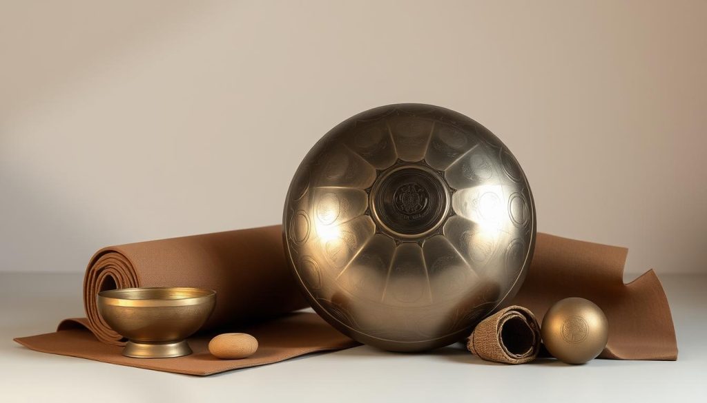A serene, minimalist still life composition depicting an elegant handpan, a yoga mat, and other instruments of mindful practice. The handpan is the focal point, its intricate surface patterns and metallic sheen catching the soft, diffused light. The yoga mat, in a complementary earthy tone, rests nearby, evoking a sense of tranquility and balance. Surrounding these central elements, a few other symbolic objects, such as a singing bowl or chimes, are arranged with care, creating an atmosphere of integration and harmony. The overall mood is one of simplicity, quality, and a commitment to holistic well-being. A serene, minimalist still life composition depicting an elegant handpan, a yoga mat, and other instruments of mindful practice. The handpan is the focal point, its intricate surface patterns and metallic sheen catching the soft, diffused light. The yoga mat, in a complementary earthy tone, rests nearby, evoking a sense of tranquility and balance. Surrounding these central elements, a few other symbolic objects, such as a singing bowl or chimes, are arranged with care, creating an atmosphere of integration and harmony. The overall mood is one of simplicity, quality, and a commitment to holistic well-being.