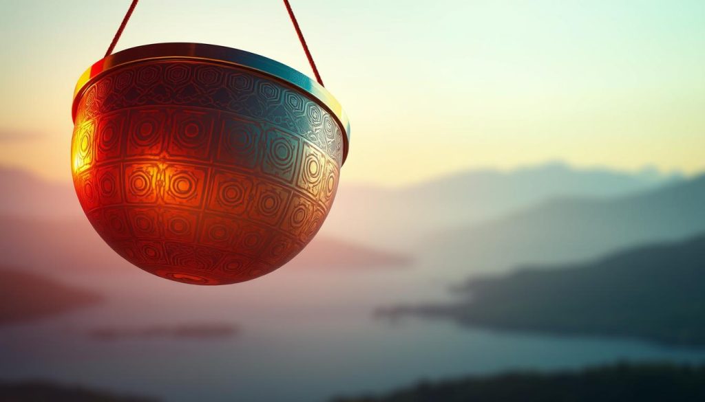 A vibrant handpan floating in mid-air, bathed in warm, soft lighting that accentuates the intricate metal patterns. The handpan's surface emanates a subtle, pulsating glow, symbolizing the harmonious vibrations that resonate through the instrument. In the background, a serene, meditative landscape with calming hues of blue and green, evoking a sense of tranquility and inner peace. The overall composition conveys a harmonious balance between the physical and spiritual aspects of the handpan experience, reflecting the section's theme of "Frequencies, vibrations, and their effects on the body-mind". A vibrant handpan floating in mid-air, bathed in warm, soft lighting that accentuates the intricate metal patterns. The handpan's surface emanates a subtle, pulsating glow, symbolizing the harmonious vibrations that resonate through the instrument. In the background, a serene, meditative landscape with calming hues of blue and green, evoking a sense of tranquility and inner peace. The overall composition conveys a harmonious balance between the physical and spiritual aspects of the handpan experience, reflecting the section's theme of "Frequencies, vibrations, and their effects on the body-mind".