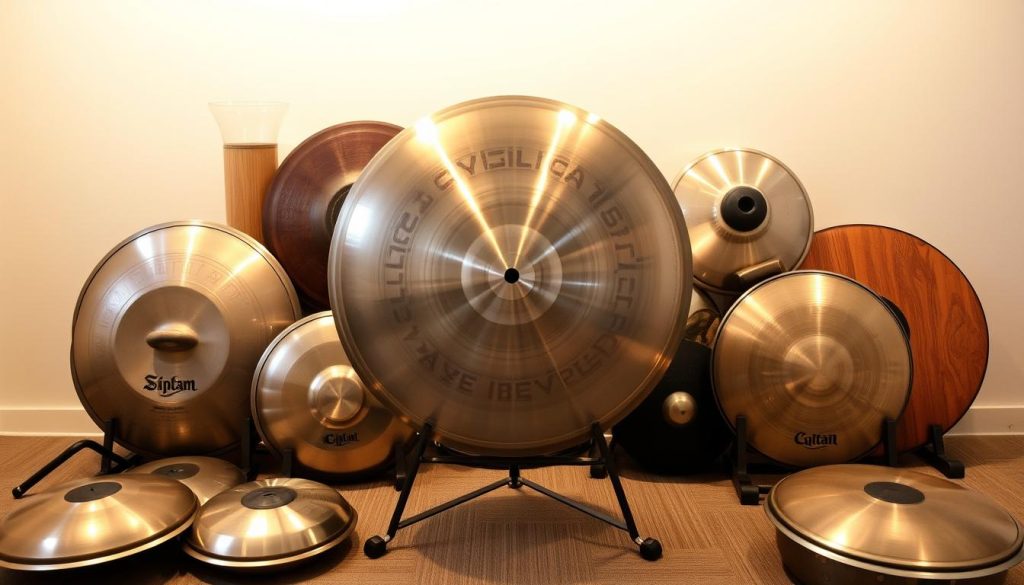 Compatibilité handpans, a captivating arrangement showcasing the harmonious co-existence of various hand-played percussion instruments. A steel tongue drum takes center stage, its metallic surface gleaming under soft, diffused lighting, casting a warm, ambient glow. Surrounding it, a collection of handpans in a variety of tones and finishes, each with its unique sonic characteristics, arranged in a visually appealing composition. The instruments are placed on a sturdy, minimalist stand, allowing for easy adjustment and positioning to suit the user's preference. The overall scene evokes a sense of tranquility and musical exploration, perfectly capturing the essence of the "Compatibilité et usages: handpan, pantam et steel tongue drum" section.