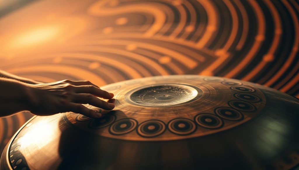 A breathtaking image of mesmerizing rhythmic patterns, showcasing the alluring essence of the handpan. In the foreground, a skilled performer's hands gracefully dance across the surface, coaxing a mesmerizing symphony of resonant tones. The middle ground features the handpan itself, its metallic surface gleaming under warm, directional lighting, accentuating the intricate grooves and curves that give rise to its distinctive sound. In the background, a subtly blurred yet captivating swirl of dynamic lines and shapes, evoking the primal pulse and flow of the rhythms. The overall scene exudes a sense of musical transcendence, inviting the viewer to feel the pulsating heartbeat of the handpan's captivating melodies. A breathtaking image of mesmerizing rhythmic patterns, showcasing the alluring essence of the handpan. In the foreground, a skilled performer's hands gracefully dance across the surface, coaxing a mesmerizing symphony of resonant tones. The middle ground features the handpan itself, its metallic surface gleaming under warm, directional lighting, accentuating the intricate grooves and curves that give rise to its distinctive sound. In the background, a subtly blurred yet captivating swirl of dynamic lines and shapes, evoking the primal pulse and flow of the rhythms. The overall scene exudes a sense of musical transcendence, inviting the viewer to feel the pulsating heartbeat of the handpan's captivating melodies.