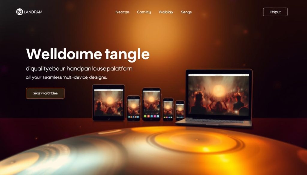 A digital platform with a welcoming and intuitive user interface, showcasing a vibrant community of handpan enthusiasts. The foreground features a handpan, its golden metallic surface reflecting the warm lighting. In the middle ground, several devices display the platform's accessible and responsive design, enabling seamless multi-device experience. The background depicts a sense of openness and connectivity, with abstract shapes and patterns representing the boundless opportunities for exploration and learning. The overall atmosphere conveys a harmonious and engaging platform that fosters a shared passion for the handpan, inspiring users to dive into its captivating world. A digital platform with a welcoming and intuitive user interface, showcasing a vibrant community of handpan enthusiasts. The foreground features a handpan, its golden metallic surface reflecting the warm lighting. In the middle ground, several devices display the platform's accessible and responsive design, enabling seamless multi-device experience. The background depicts a sense of openness and connectivity, with abstract shapes and patterns representing the boundless opportunities for exploration and learning. The overall atmosphere conveys a harmonious and engaging platform that fosters a shared passion for the handpan, inspiring users to dive into its captivating world.