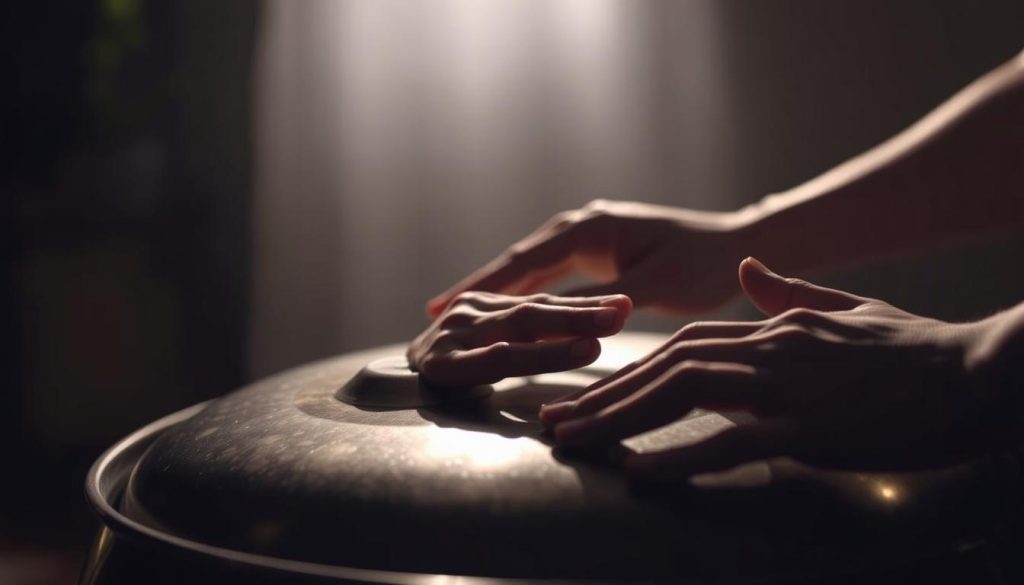 A dimly lit, close-up view of a pair of hands delicately striking the surface of a handpan, creating soft, rhythmic patterns. The hands are positioned in the foreground, with a blurred background suggesting a serene, meditative environment. The lighting is warm and subtle, casting gentle shadows that accentuate the fluid motion of the fingers. The image conveys a sense of tranquility and relaxation, perfectly capturing the essence of the "Techniques de mains et de frappes pour des sons plus doux" section.