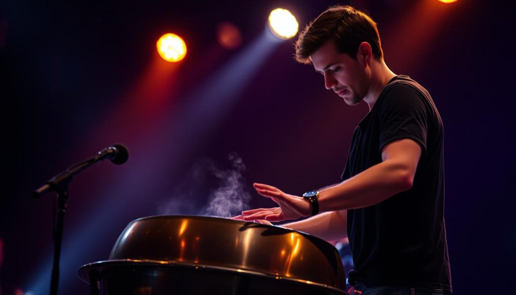 A live performance of a handpan musician on a dimly lit stage, the soft glow of stage lights casting warm hues across the musician's face and the intricate handpan instrument. The musician's hands dance delicately across the handpan, coaxing out a mesmerizing, ethereal melody that fills the air. The background is blurred, leaving the focus on the musician and their instrument, creating an intimate and immersive atmosphere. The camera angle is slightly elevated, giving the viewer a front-row perspective of the captivating performance. A live performance of a handpan musician on a dimly lit stage, the soft glow of stage lights casting warm hues across the musician's face and the intricate handpan instrument. The musician's hands dance delicately across the handpan, coaxing out a mesmerizing, ethereal melody that fills the air. The background is blurred, leaving the focus on the musician and their instrument, creating an intimate and immersive atmosphere. The camera angle is slightly elevated, giving the viewer a front-row perspective of the captivating performance.