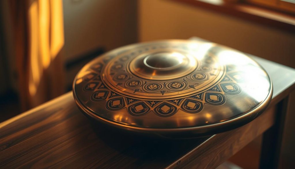 A masterfully crafted handpan, the "Progrès", sitting atop a wooden surface, illuminated by warm, natural lighting. The handpan's distinctive silhouette and intricate patterns catch the eye, hinting at the instrument's rich tonal qualities. The background is softly blurred, allowing the handpan to take center stage. The overall composition exudes a sense of tranquility and musicality, inviting the viewer to imagine the soothing, ethereal sounds the "Progrès" can produce. The image captures the essence of the handpan, reflecting the skill and artistry that goes into mastering this unique instrument. A masterfully crafted handpan, the "Progrès", sitting atop a wooden surface, illuminated by warm, natural lighting. The handpan's distinctive silhouette and intricate patterns catch the eye, hinting at the instrument's rich tonal qualities. The background is softly blurred, allowing the handpan to take center stage. The overall composition exudes a sense of tranquility and musicality, inviting the viewer to imagine the soothing, ethereal sounds the "Progrès" can produce. The image captures the essence of the handpan, reflecting the skill and artistry that goes into mastering this unique instrument.