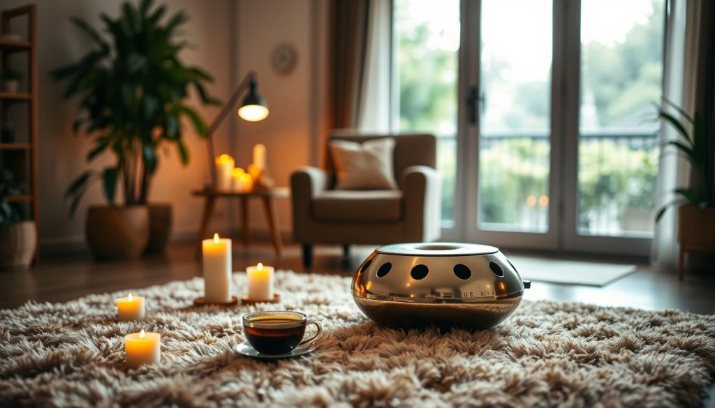A serene and cozy living room, softly lit by a warm glow. In the foreground, a handpan rests on a plush, earthy-toned rug, surrounded by a few candles and a cup of soothing tea. The middle ground features a comfortable armchair and a large, open window, framing a tranquil outdoor scene with lush greenery. The background is blurred, creating a sense of depth and focus on the handpan as the central element. The overall atmosphere is one of quiet contemplation, inviting the viewer to prepare their mind and spirit before engaging with the soothing rhythms of the handpan.