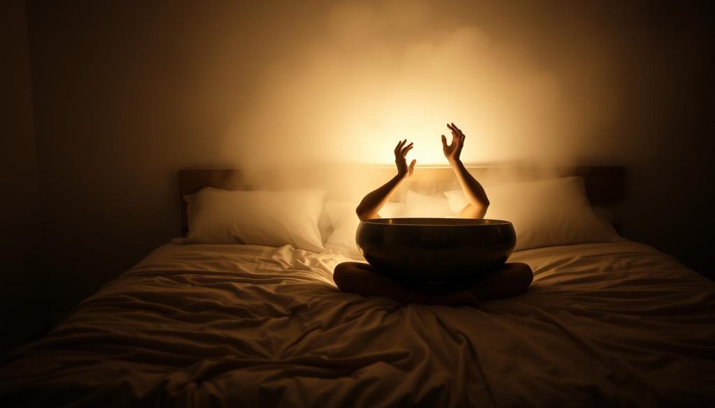 A serene, dimly lit bedroom with a handpan instrument resting on a plush, neutral-toned duvet. The handpan casts a soft, warm glow, illuminating the surrounding space. In the foreground, a person sits cross-legged, engaged in gentle, flowing hand movements, practicing progressive exercises to integrate the rhythmic patterns into their bedtime routine. The background is hazy, creating a sense of tranquility and focus, with subtle textures and shadows adding depth to the scene. The overall atmosphere is one of calming, meditative exploration, perfectly suited for the "Exercices progressifs pour intégrer les rythmes au coucher" section of the article.