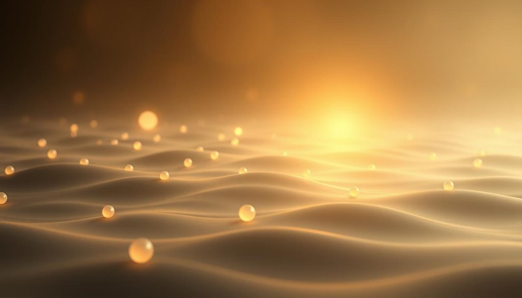 A serene, fluid landscape of resonant frequencies, with softly glowing orbs of light pulsing in a mesmerizing rhythm. In the foreground, undulating waves of energy radiate outward, their gentle oscillations creating a calming, hypnotic effect. The middle ground features a hazy, ethereal background of intersecting sine waves, their interference patterns forming a tapestry of harmonious vibrations. Lighting is muted and atmospheric, with a warm, golden glow infusing the scene. The overall mood is one of deep relaxation, with the viewer drawn into the soothing, meditative qualities of the image.
