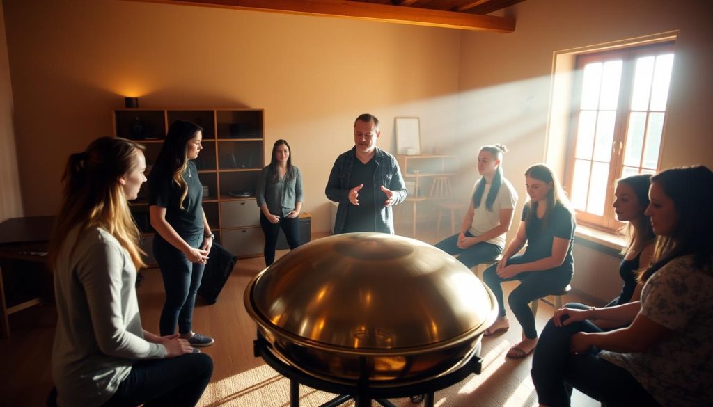 A serene, well-lit classroom setting with a handpan instrument at the center of the frame, surrounded by a group of students intently focused on learning its techniques. The warm, natural lighting casts a gentle glow, creating a sense of tranquility and concentration. The instructor, David Charrier, stands nearby, his hands guiding the students through the intricate rhythms and harmonies of the handpan. The room is adorned with minimalist decor, allowing the instrument and the learning process to take center stage. The overall atmosphere conveys a sense of peaceful, immersive education, reflecting the essence of the "Master The Handpan" pedagogy. A serene, well-lit classroom setting with a handpan instrument at the center of the frame, surrounded by a group of students intently focused on learning its techniques. The warm, natural lighting casts a gentle glow, creating a sense of tranquility and concentration. The instructor, David Charrier, stands nearby, his hands guiding the students through the intricate rhythms and harmonies of the handpan. The room is adorned with minimalist decor, allowing the instrument and the learning process to take center stage. The overall atmosphere conveys a sense of peaceful, immersive education, reflecting the essence of the "Master The Handpan" pedagogy.